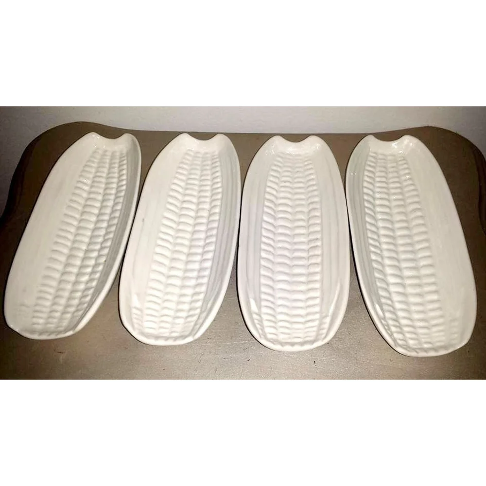 Vintage White Pottery Corn Holder Trays, Set of 4